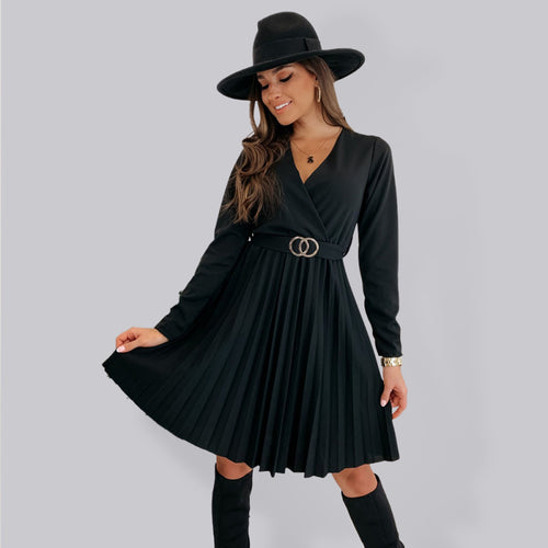 Long Sleeve V Neck Pleated Solid Color Dress Pleated Skirt