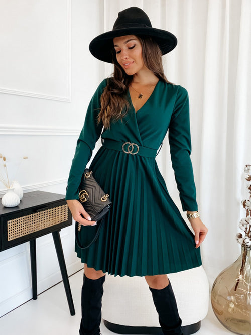 Long Sleeve V Neck Pleated Solid Color Dress Pleated Skirt