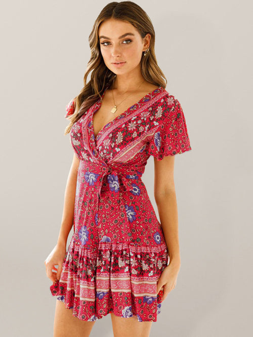V-neck short-sleeved cardigan with straps bohemian print dress beach dress - CADDE