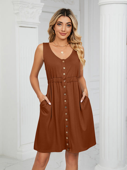 Women's Knitted Sleeveless Button Pocket Round Neck Slit Waist Dress - CADDE