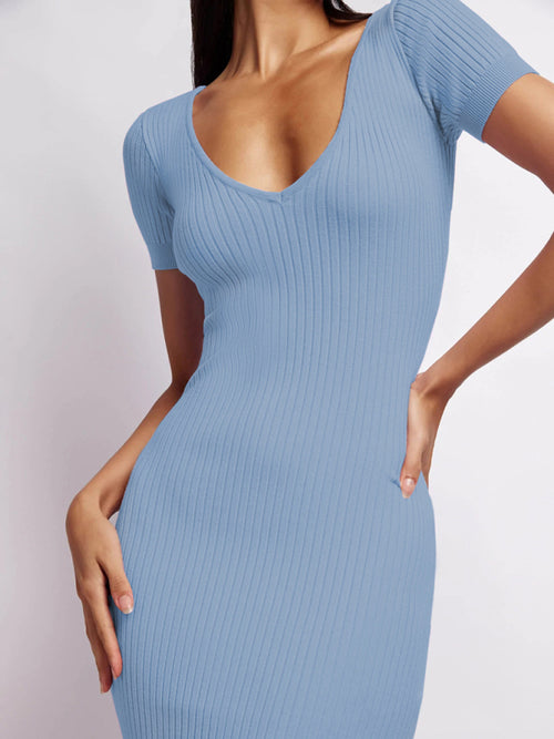 Women's knitted V-neck tight-fitting slit short-sleeved mid-length dress