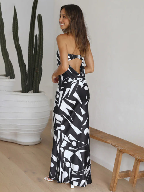 Women's Sexy Back Hollow Irregular Geometric Print Dress - CADDE