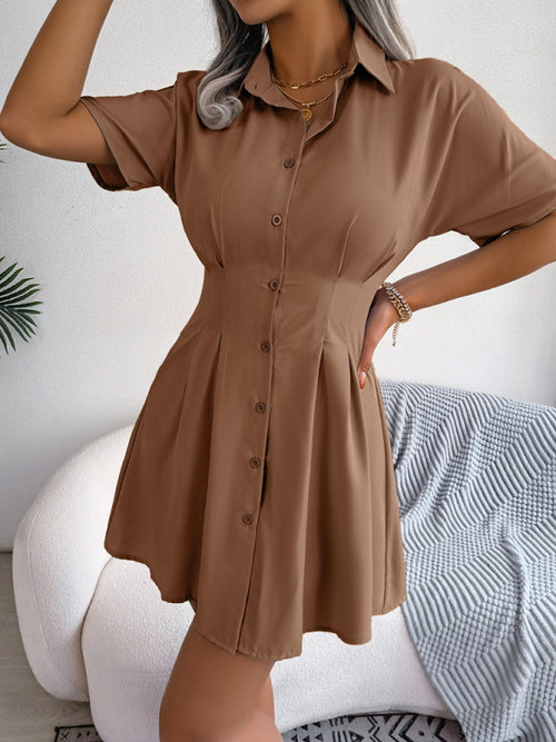 Women's solid color casual waist press folded short-sleeved shirt dress - CADDE