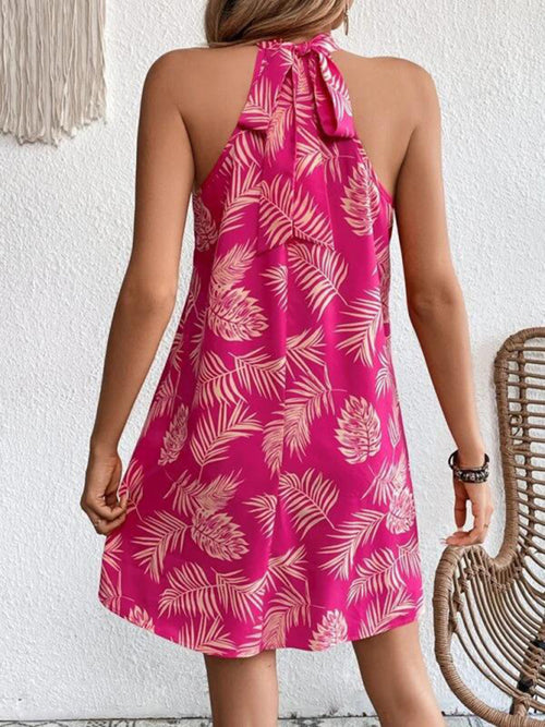 Women's Woven Halter Leaf Print Sleeveless Dress - CADDE