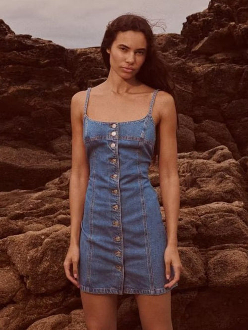 New Fashion Straight Slim Suspenders Breasted Denim Dress with Buttons - CADDE