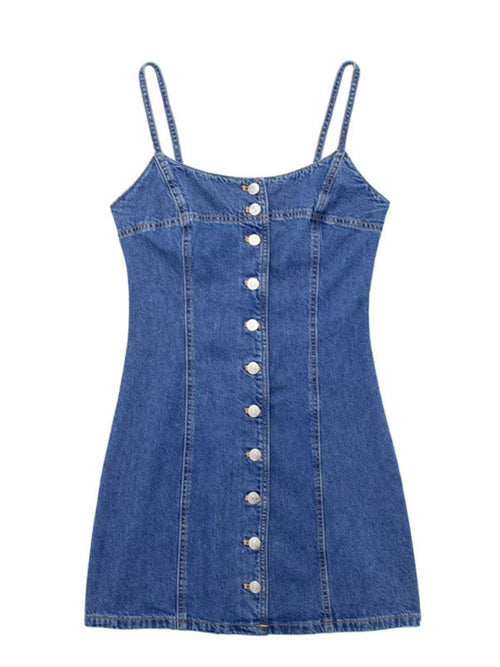 New Fashion Straight Slim Suspenders Breasted Denim Dress with Buttons - CADDE