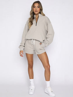 Women's New Solid Color Stand Collar Zipper Pullover Long Sleeve Sweatshirt Shorts Set - CADDE