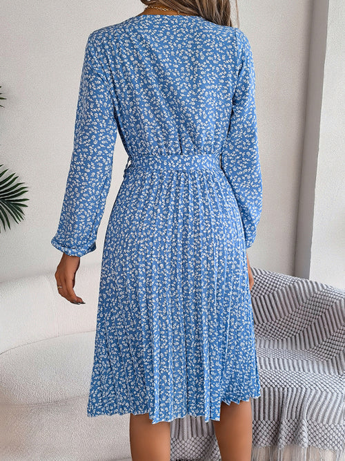 Women's casual long-sleeved floral large hem pleated dress - CADDE